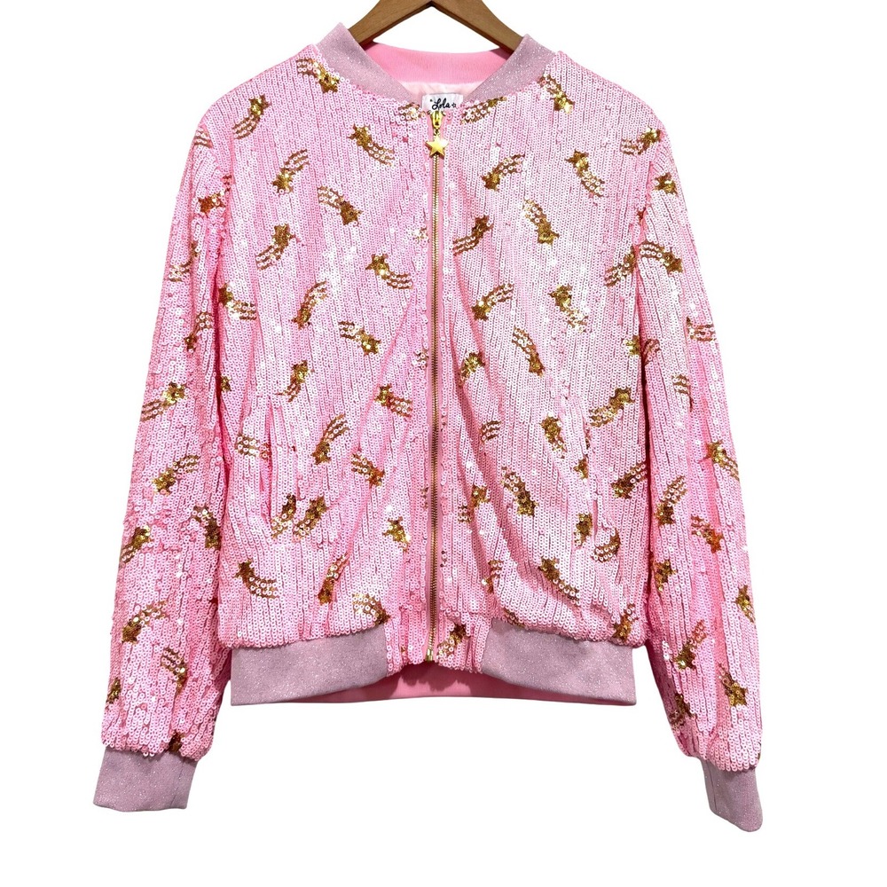 Lola + The Boys Pink Sequin Galaxy Star Bomber Celestial Size Medium Festival